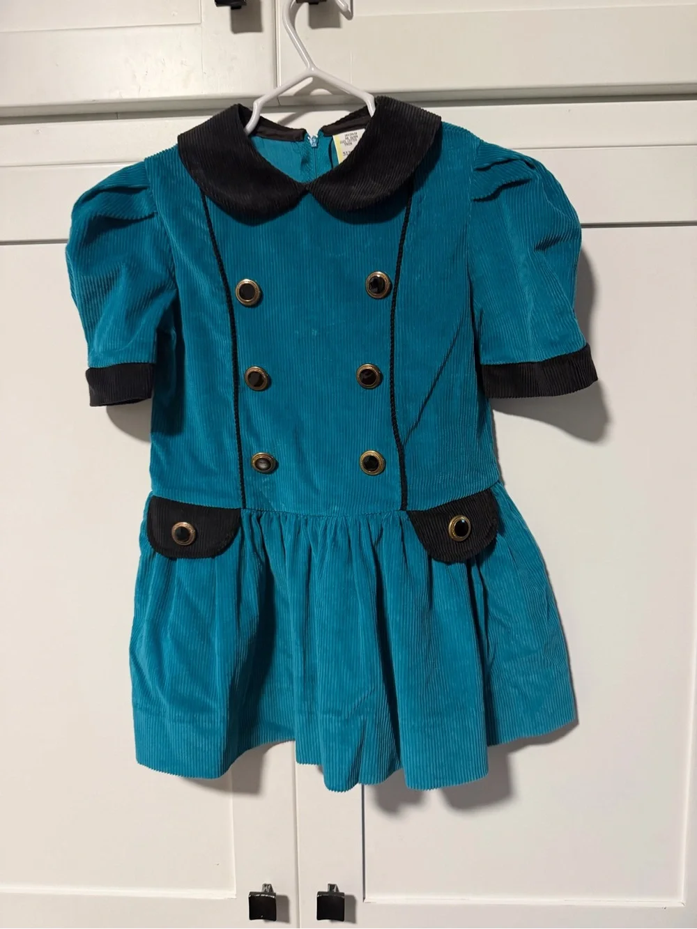 Vintage early 90’s Teal Green Corduroy Drop Waist Kids Dress with Black Trim